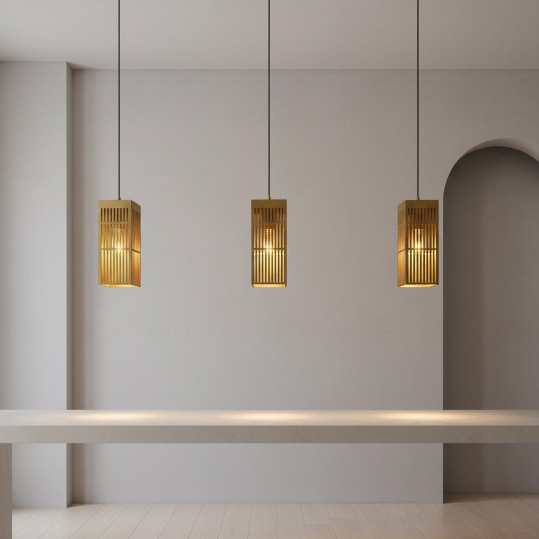 Brushed Brass Lantern Pendant Light, Modern Slatted Rectangular Hanging Lamp