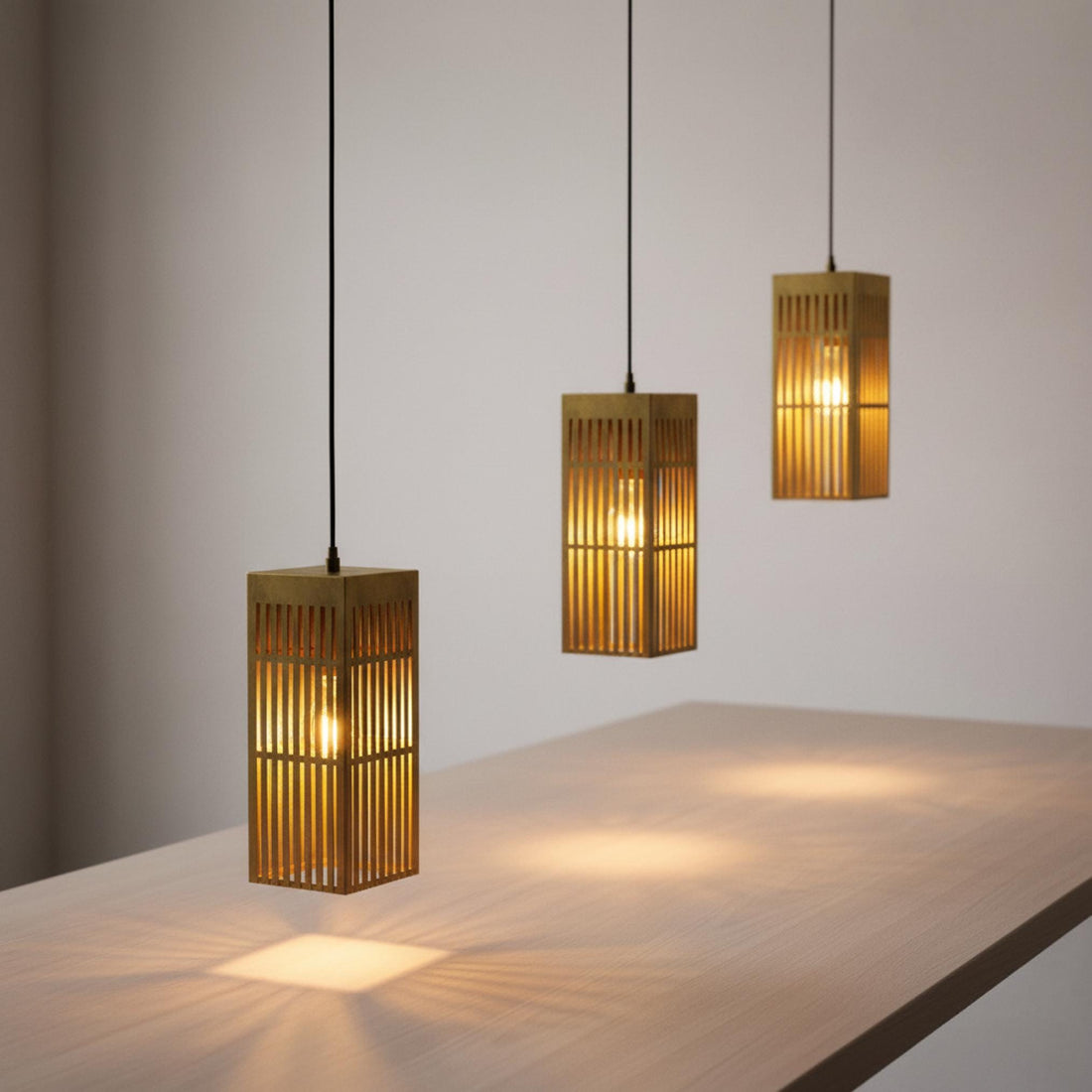 Brushed Brass Lantern Pendant Light, Modern Slatted Rectangular Hanging Lamp