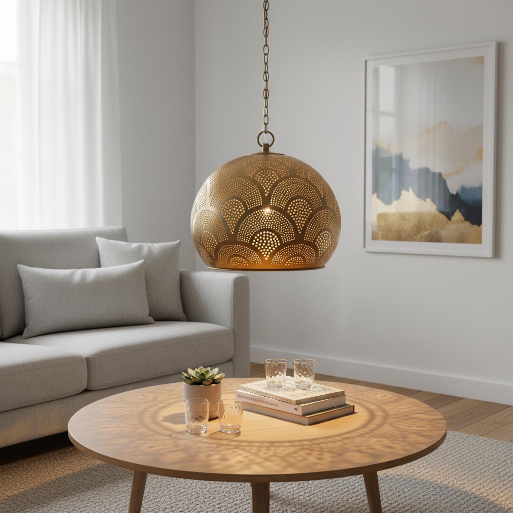 brass globe pendant light perforated patterned hanging chain lamp