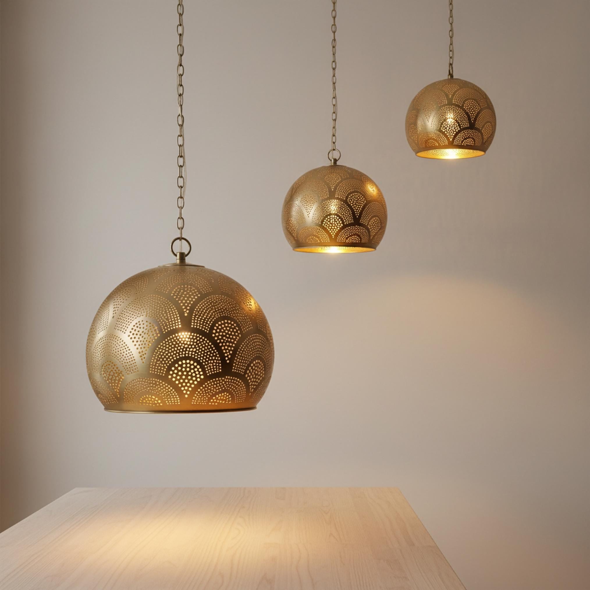 brass globe pendant light perforated patterned hanging chain lamp