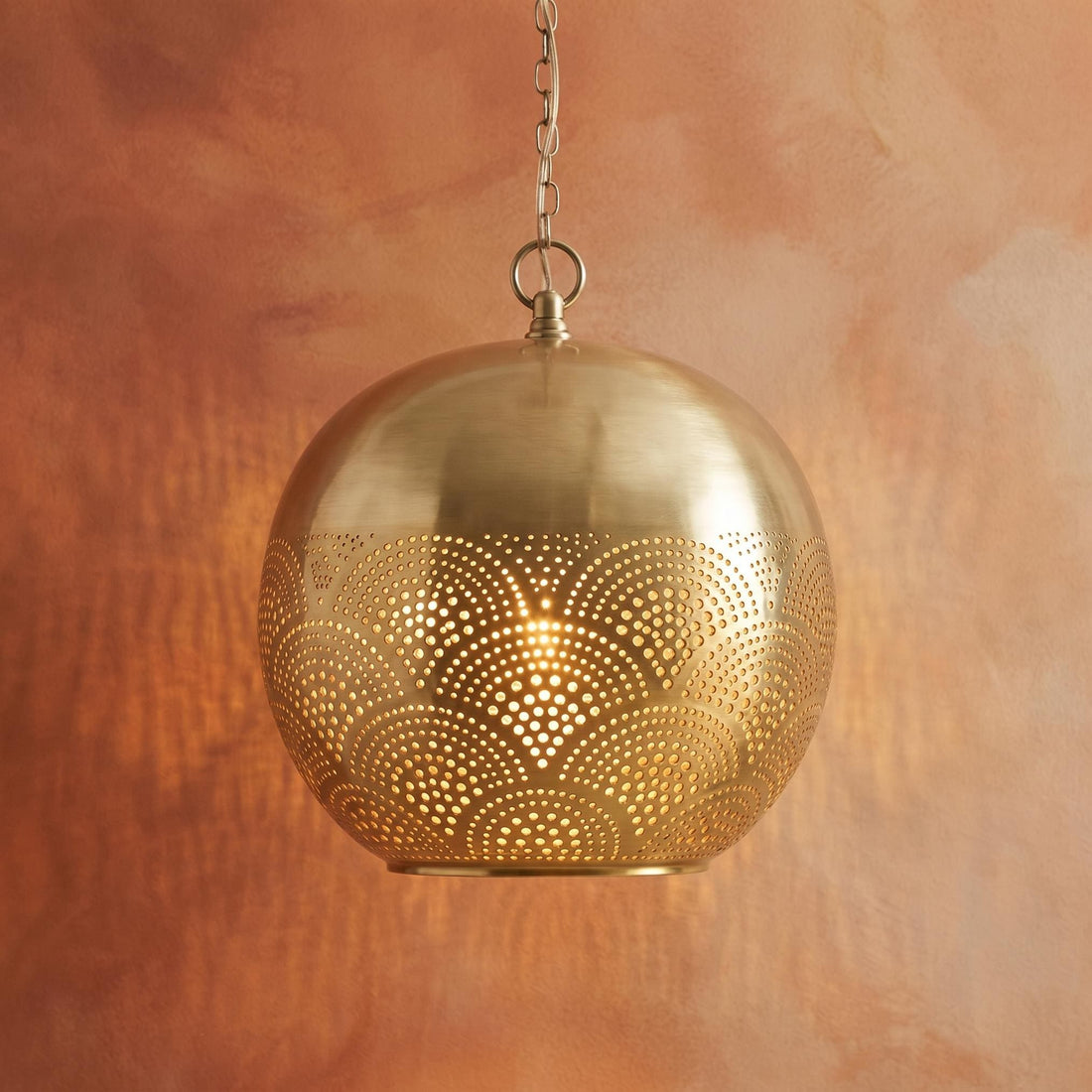 brass globe pendant light perforated metal chain hanging lamp
