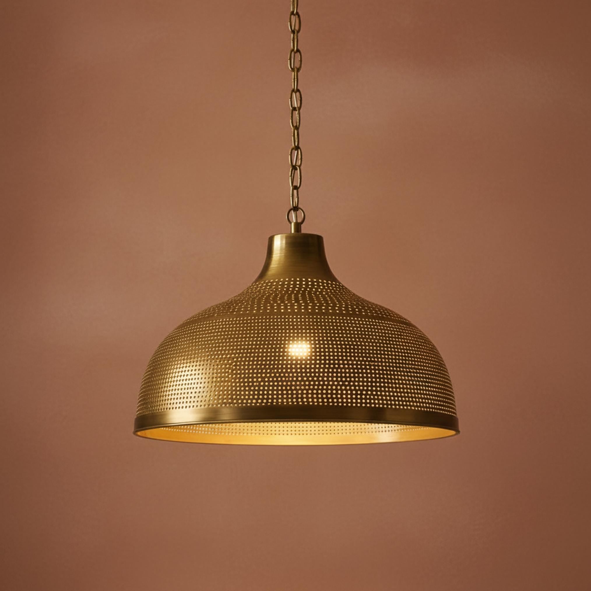 brass dome pendant light perforated metal chain hanging lamp