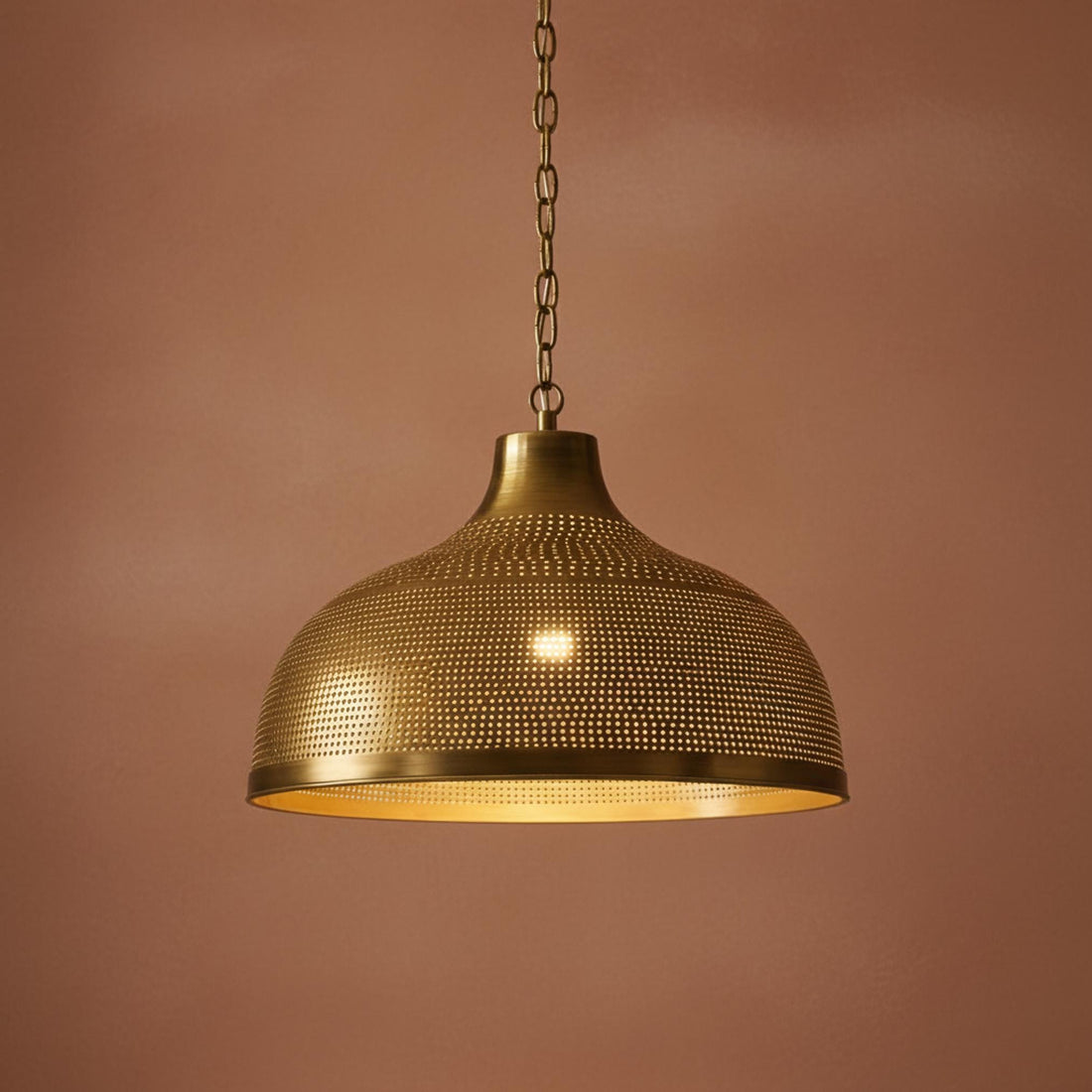brass dome pendant light perforated metal chain hanging lamp