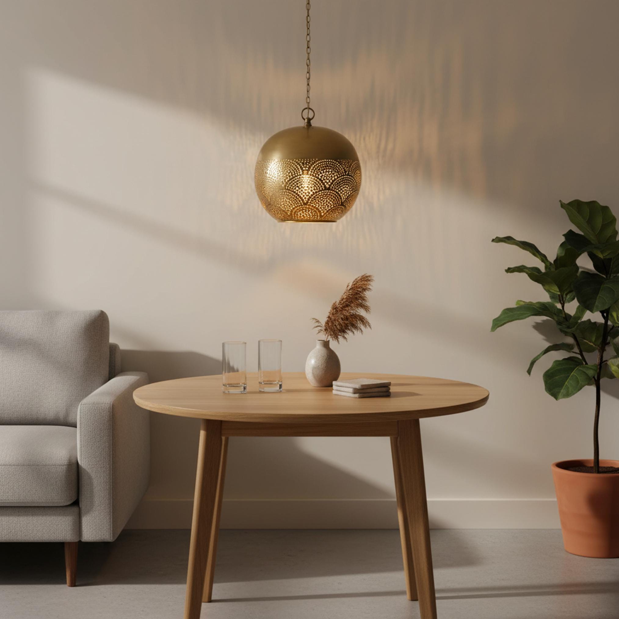 brass globe pendant light perforated metal chain hanging lamp