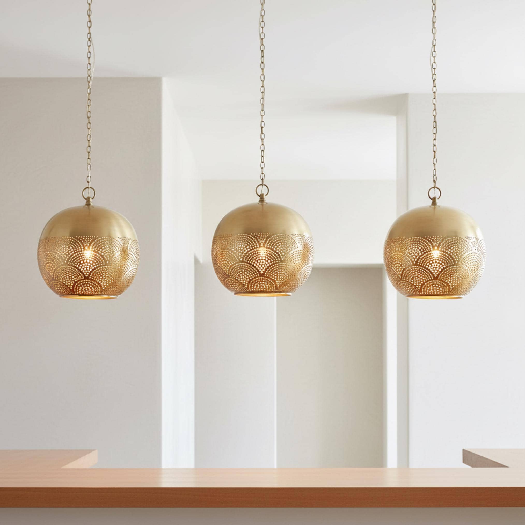 brass globe pendant light perforated metal chain hanging lamp