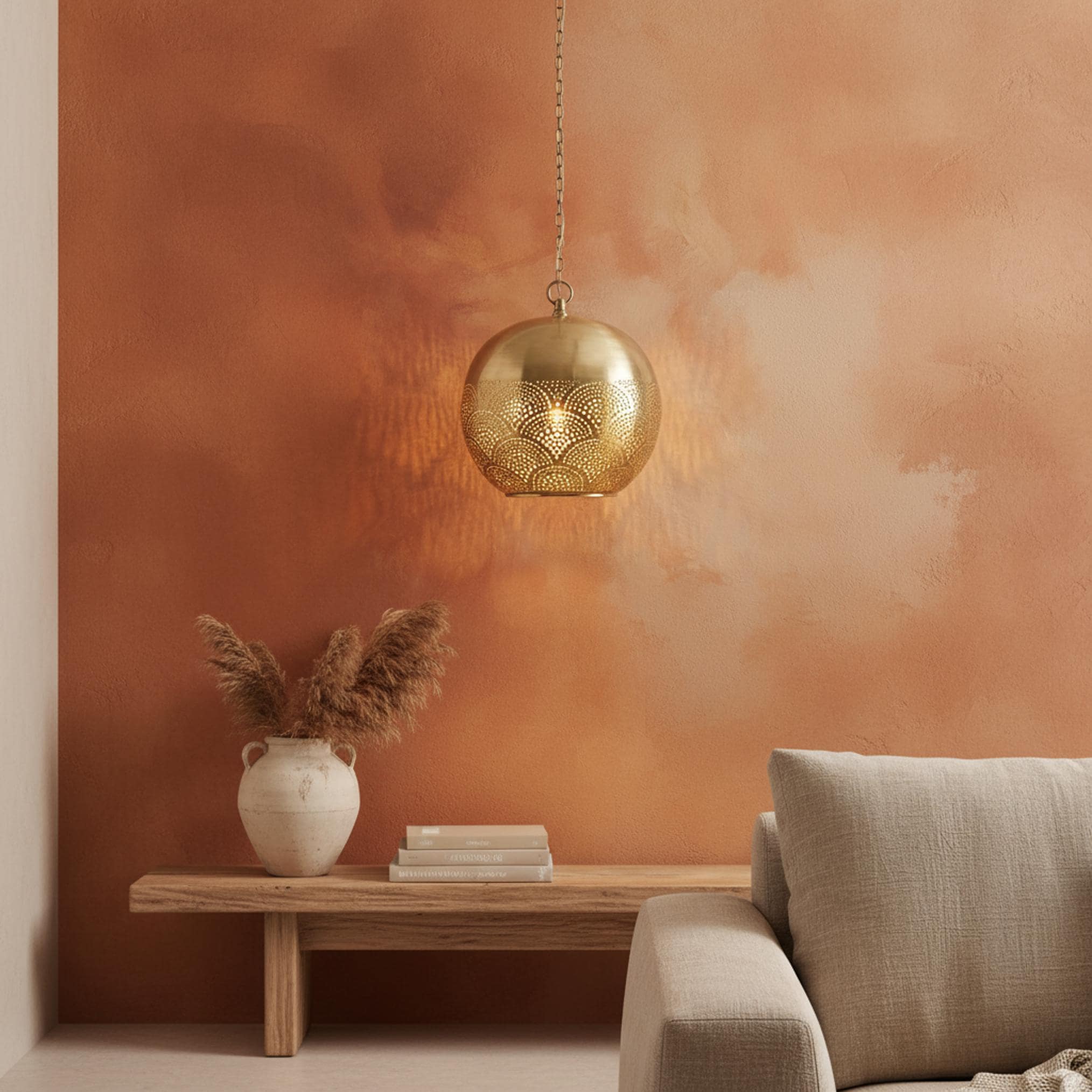 brass globe pendant light perforated metal chain hanging lamp