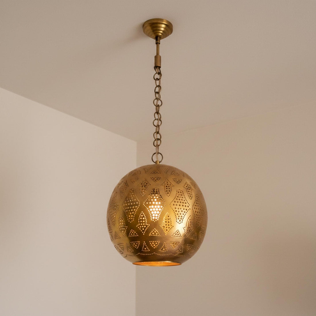 moroccan brass pendant light round perforated hanging chain lamp