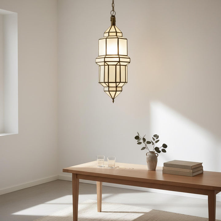 Handmade Moroccan Brass Pendant Light with Milky Glass
