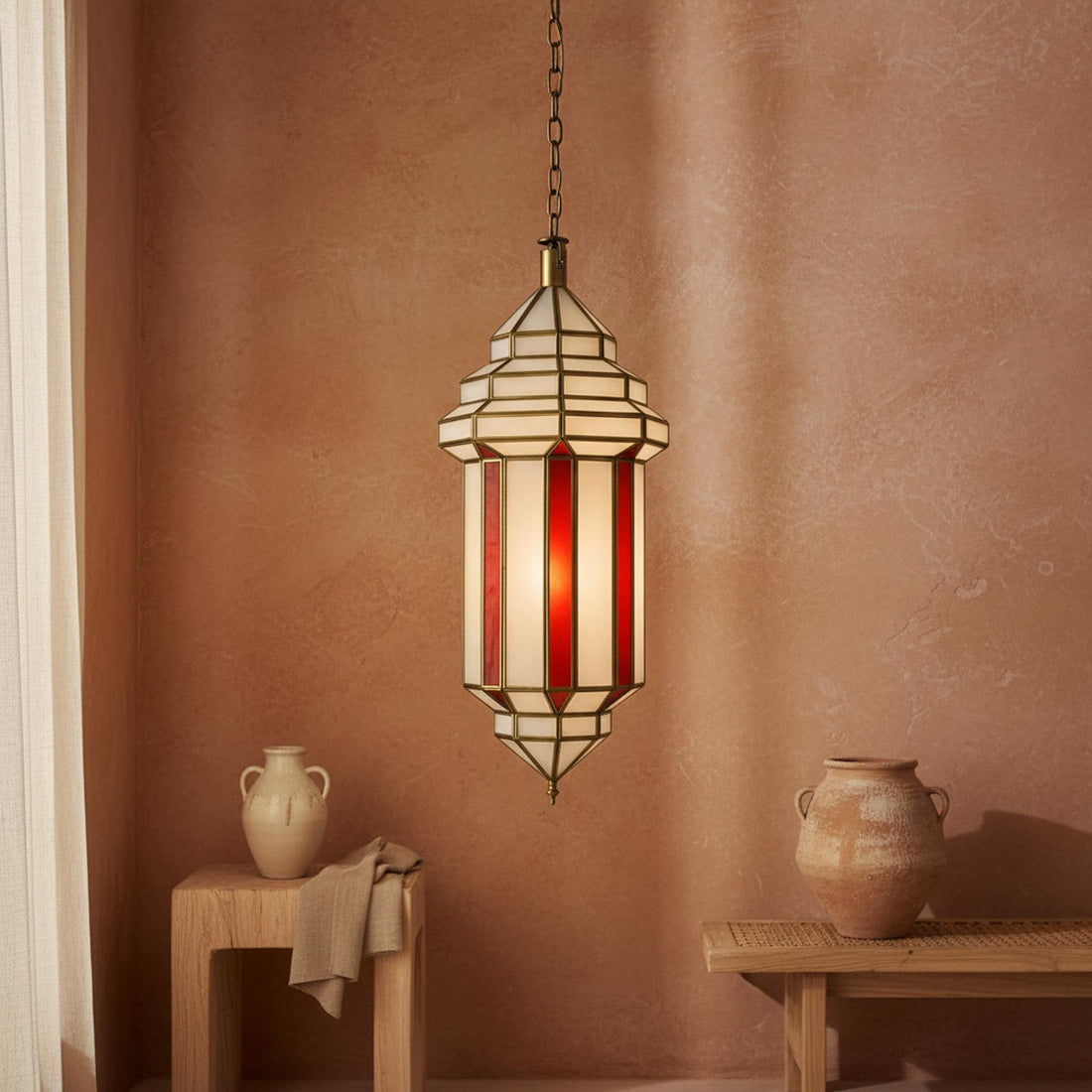 Moroccan pendant light red glass panel hanging ceiling lantern fixture
