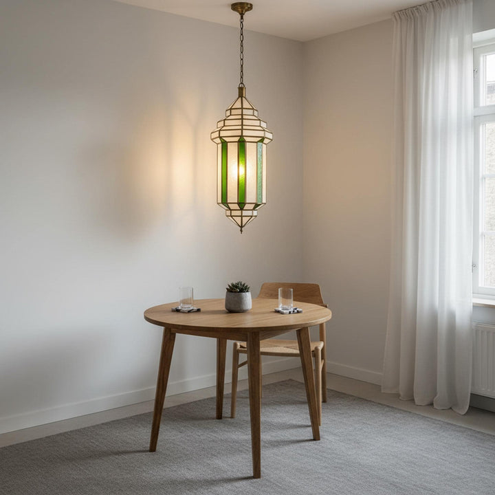 Moroccan pendant light green glass panel hanging ceiling lantern fixture