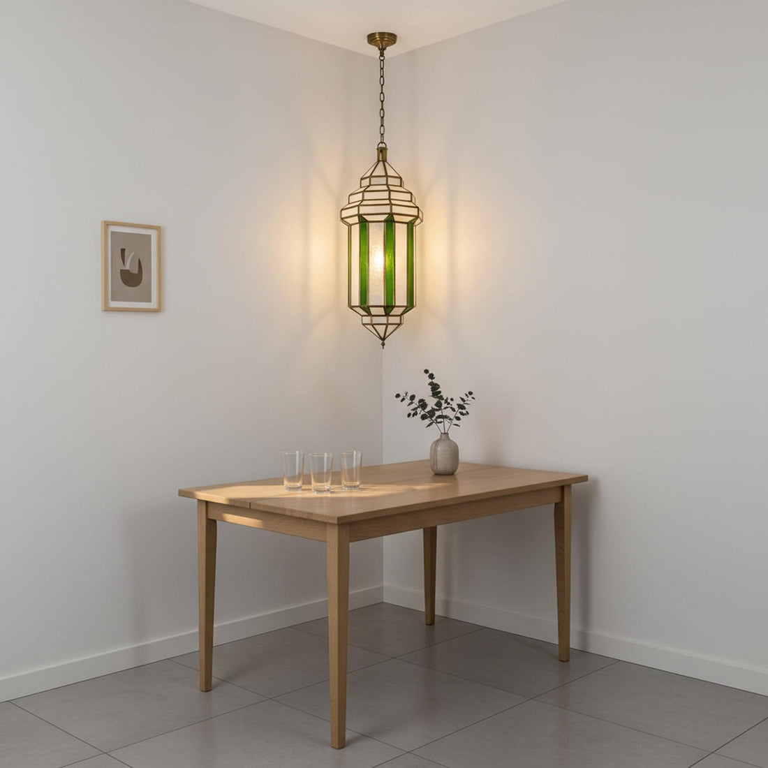 Moroccan pendant light green glass panel hanging ceiling lantern fixture