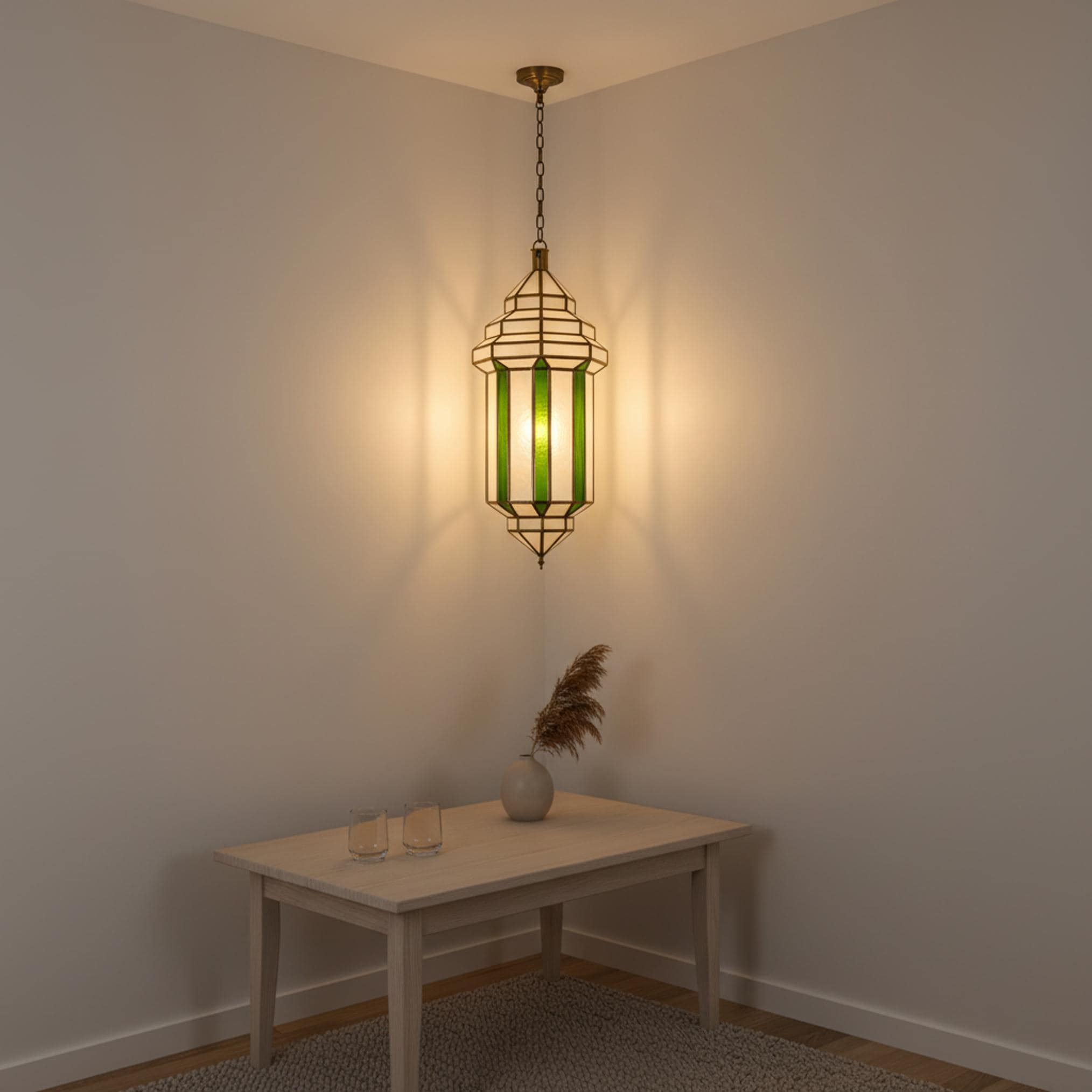 Moroccan pendant light green glass panel hanging ceiling lantern fixture