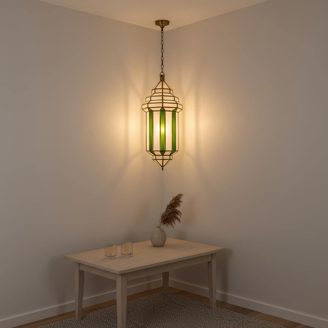 Moroccan pendant light green glass panel hanging ceiling lantern fixture