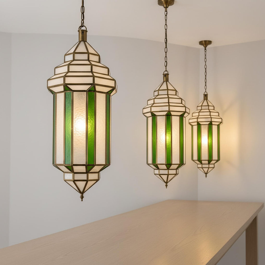 Moroccan pendant light green glass panel hanging ceiling lantern fixture