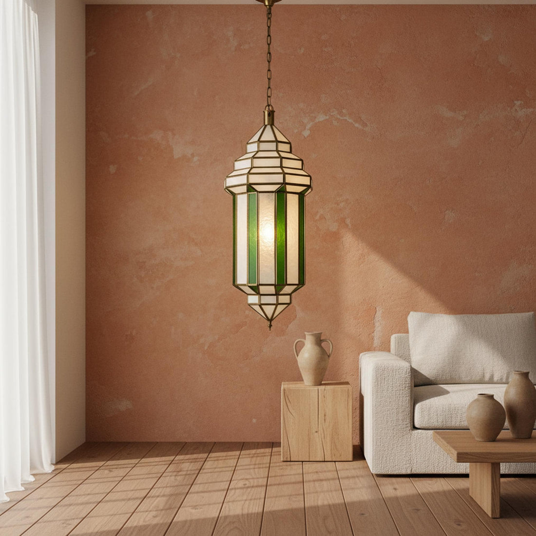 Moroccan pendant light green glass panel hanging ceiling lantern fixture