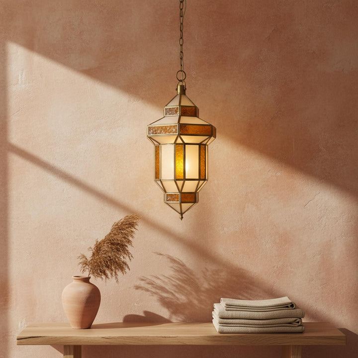 Moroccan lantern pendant amber glass hanging ceiling light fixture