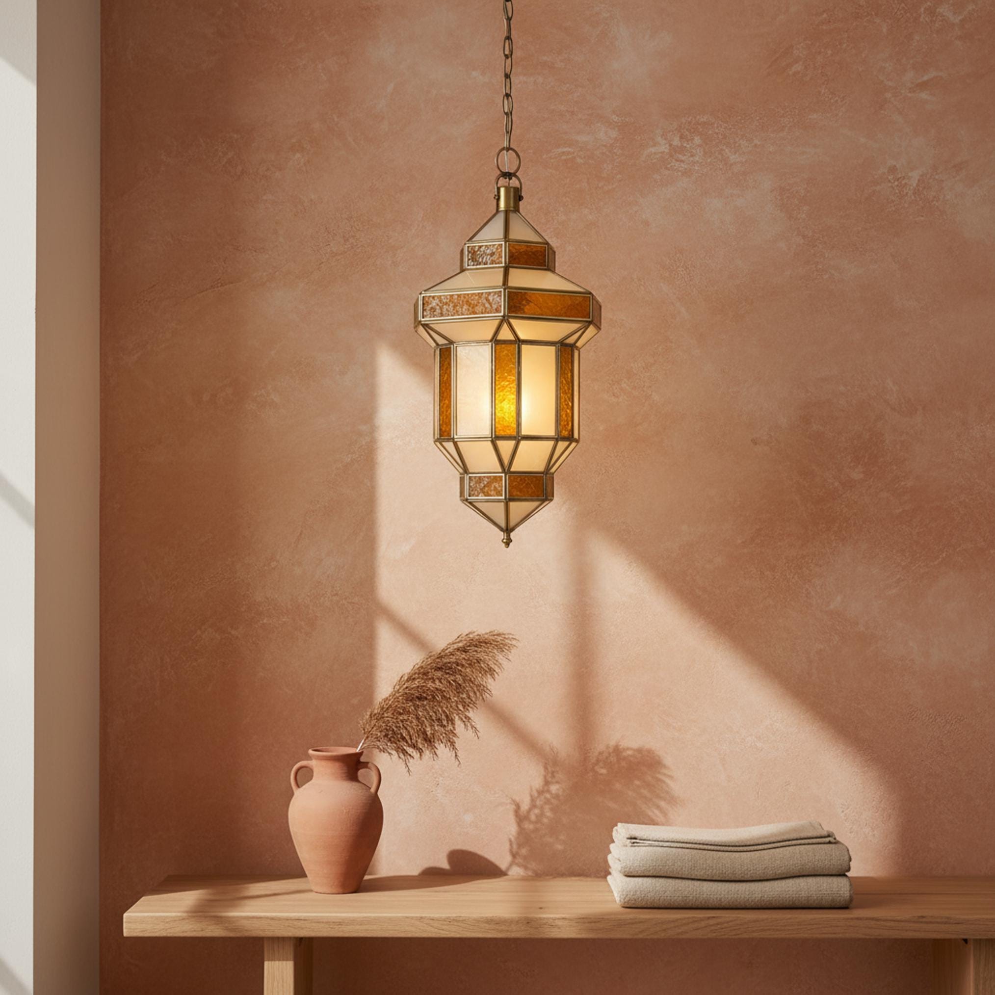 Moroccan lantern pendant amber glass hanging ceiling light fixture