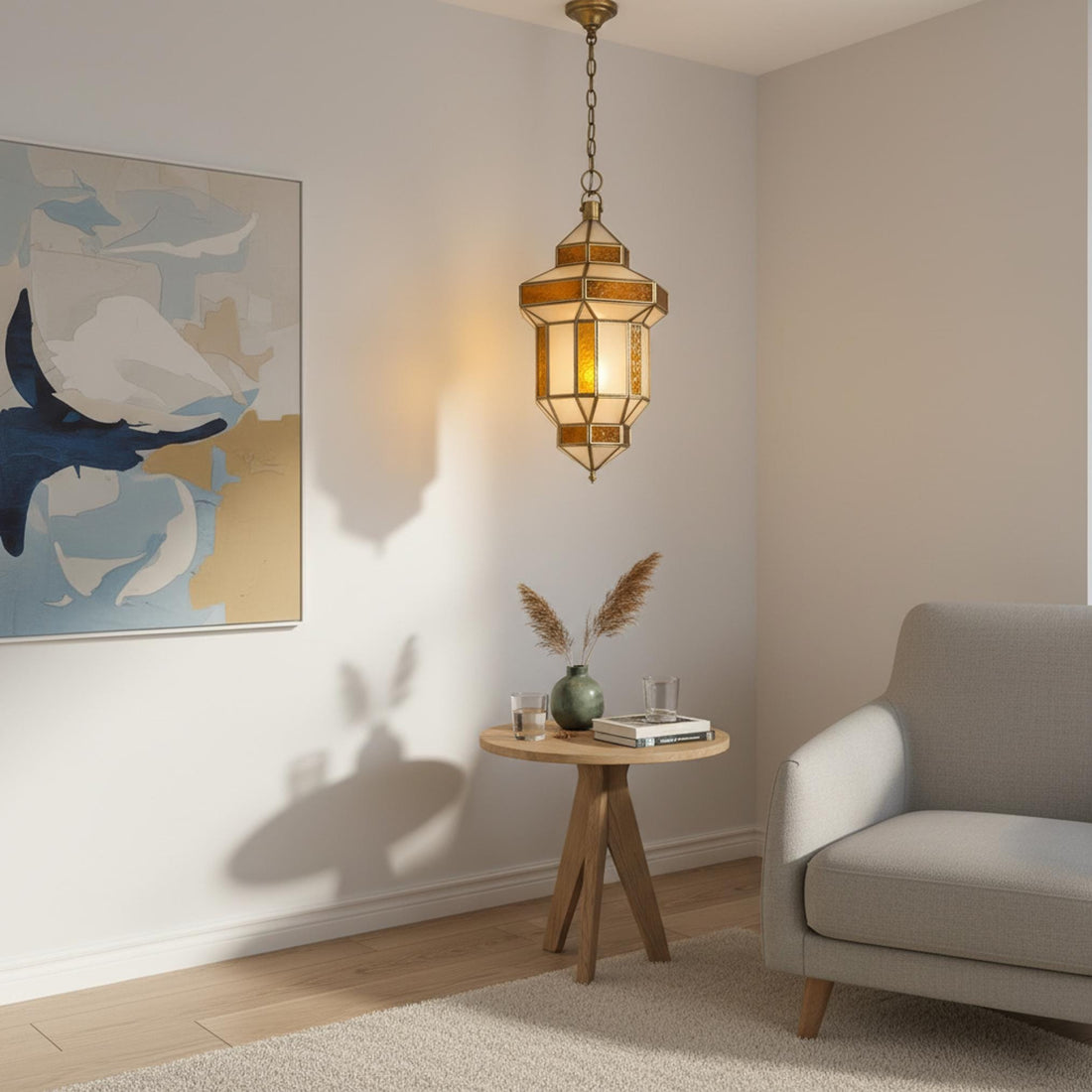 Moroccan lantern pendant amber glass hanging ceiling light fixture