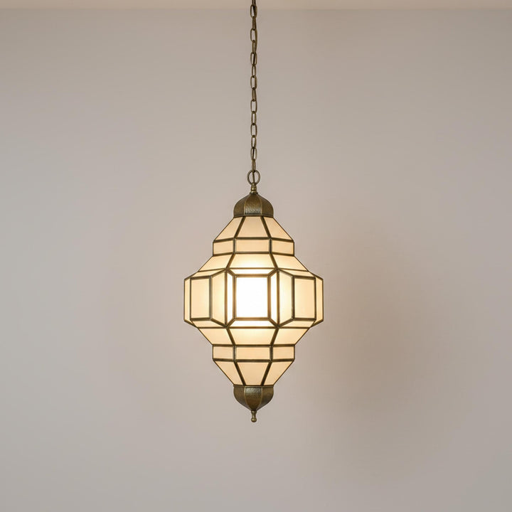 Moroccan pendant light geometric glass brass frame hanging ceiling lantern
