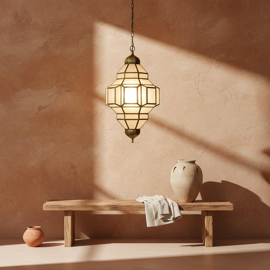 Moroccan pendant light geometric glass brass frame hanging ceiling lantern