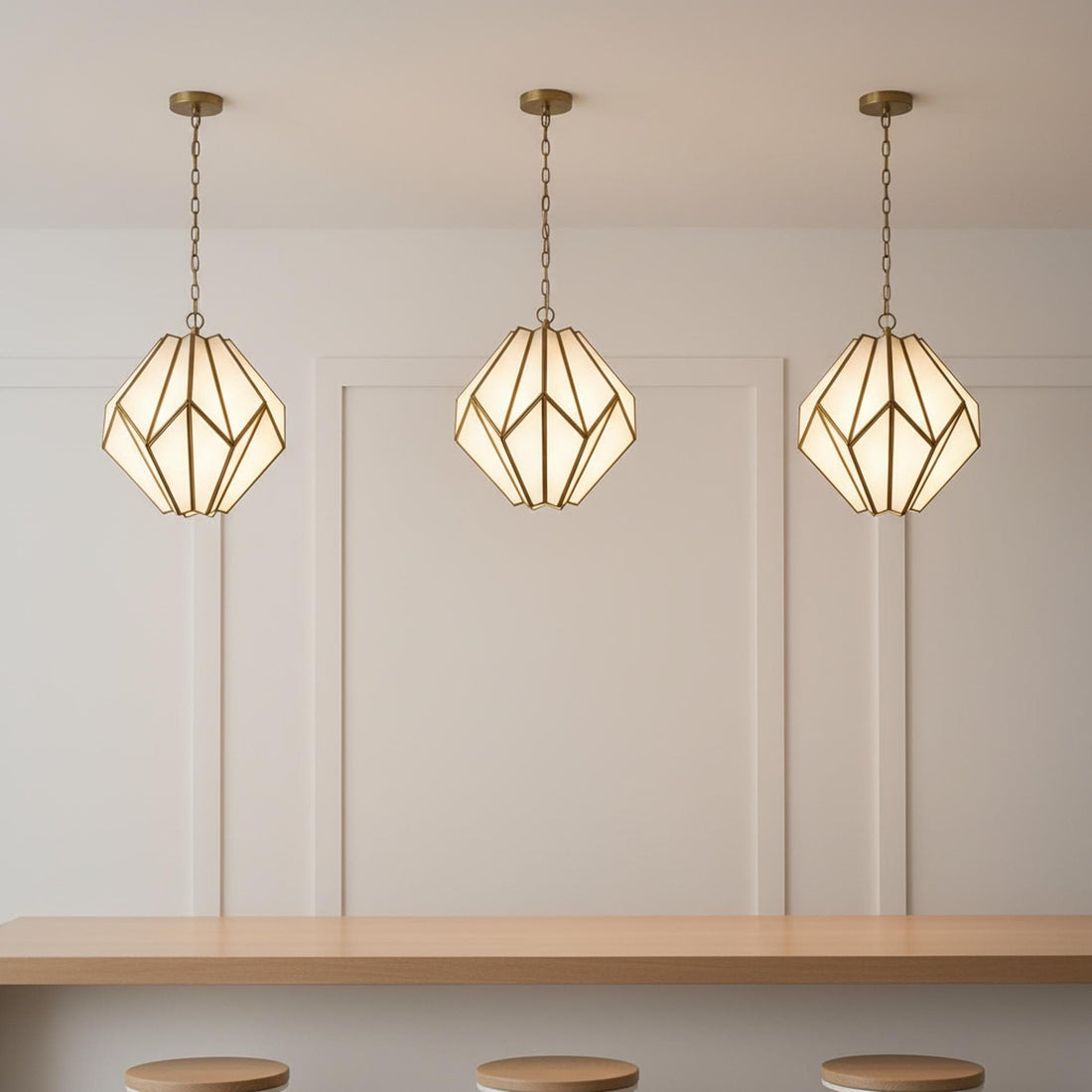 geometric pendant light glass panel brass frame hanging ceiling fixture