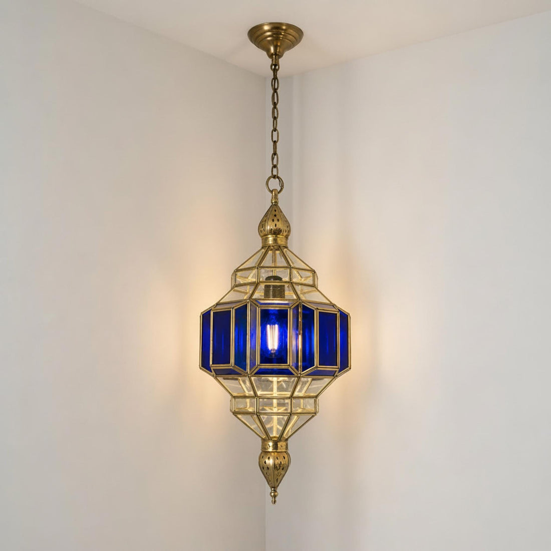 Moroccan pendant light blue glass brass frame hanging ceiling lantern