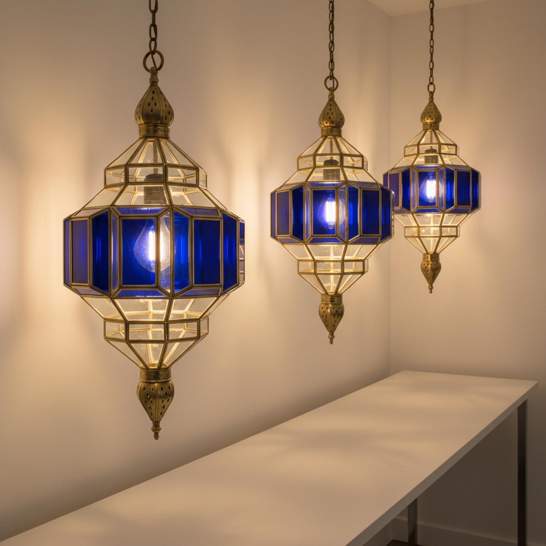 Moroccan pendant light blue glass brass frame hanging ceiling lantern