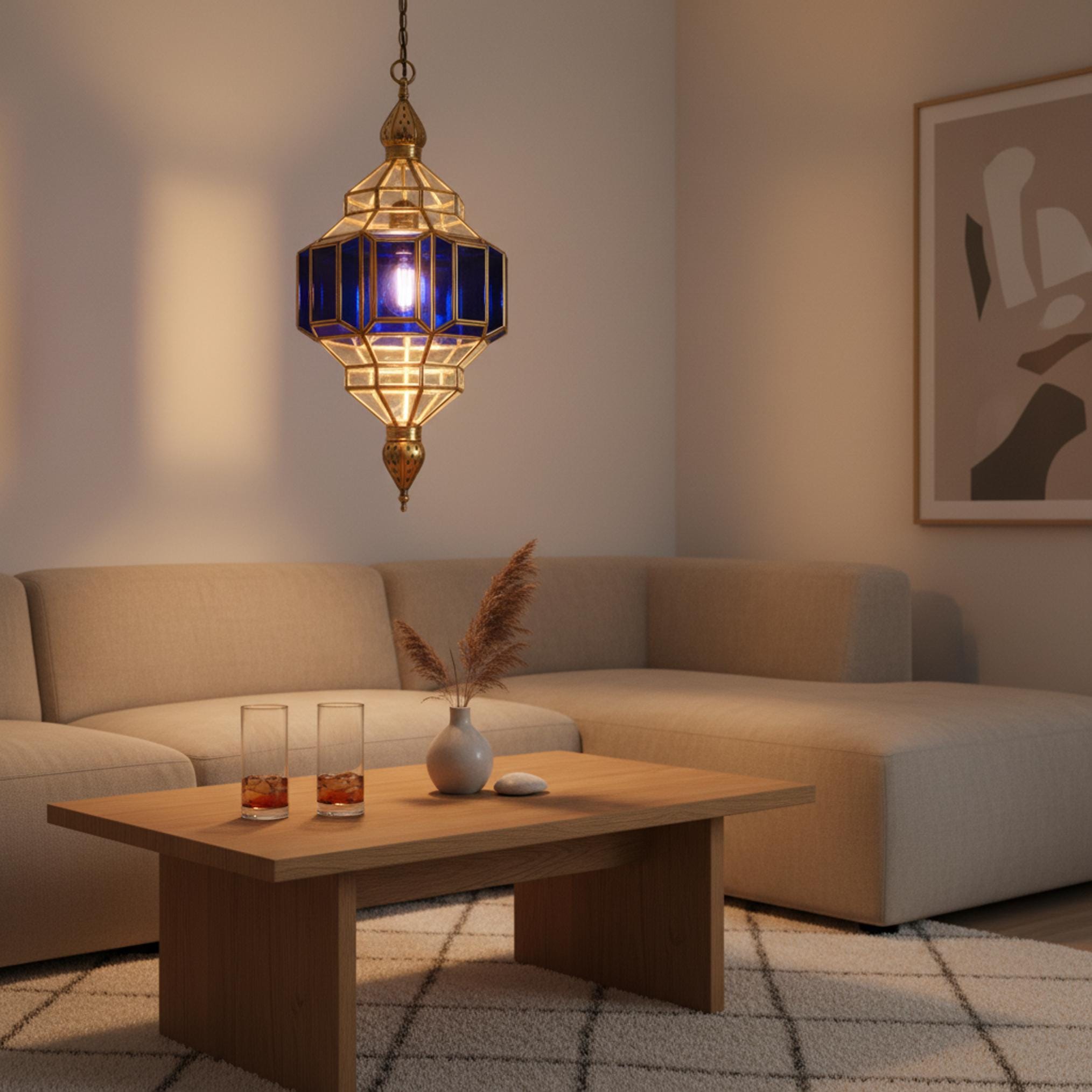 Moroccan pendant light blue glass brass frame hanging ceiling lantern
