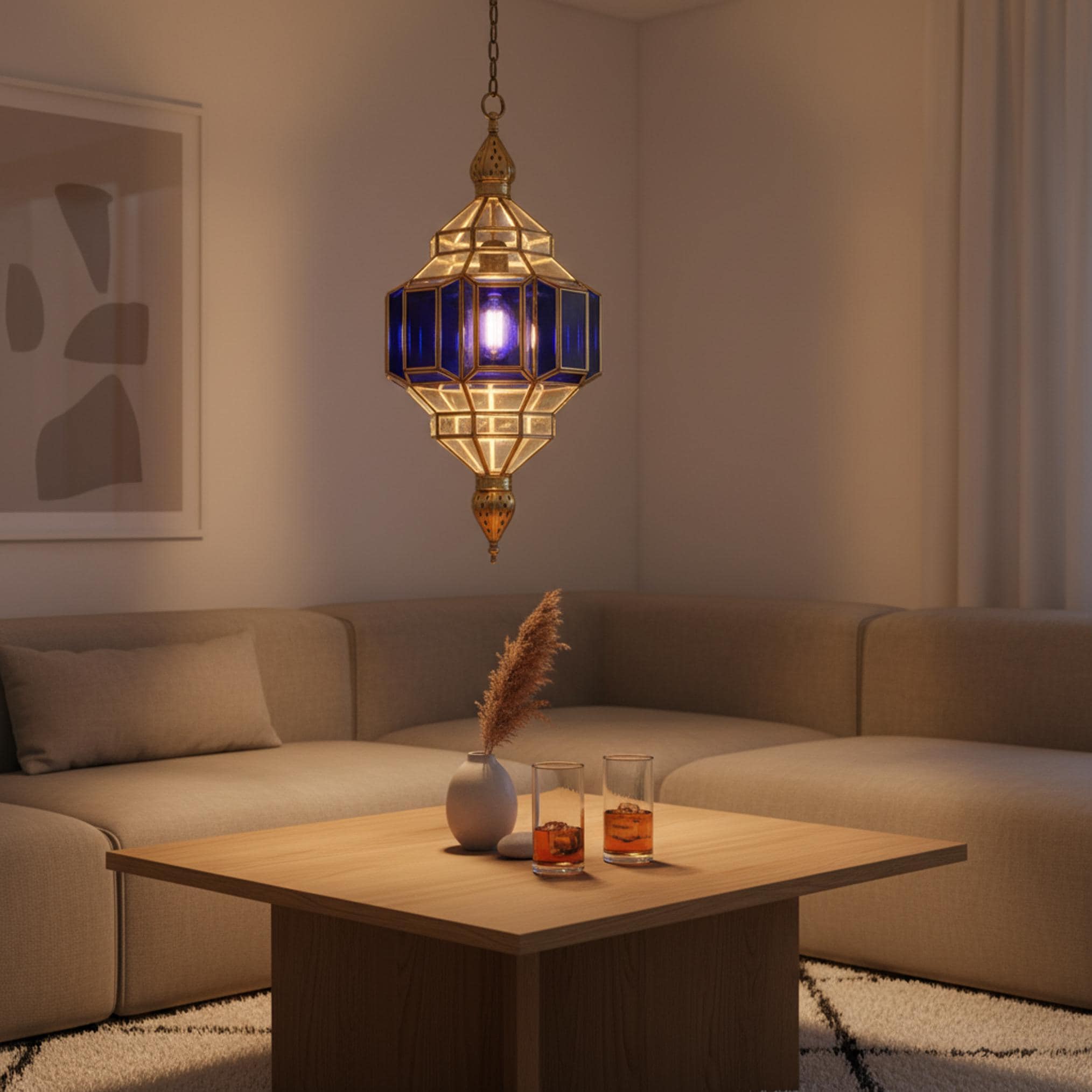 Moroccan pendant light blue glass brass frame hanging ceiling lantern