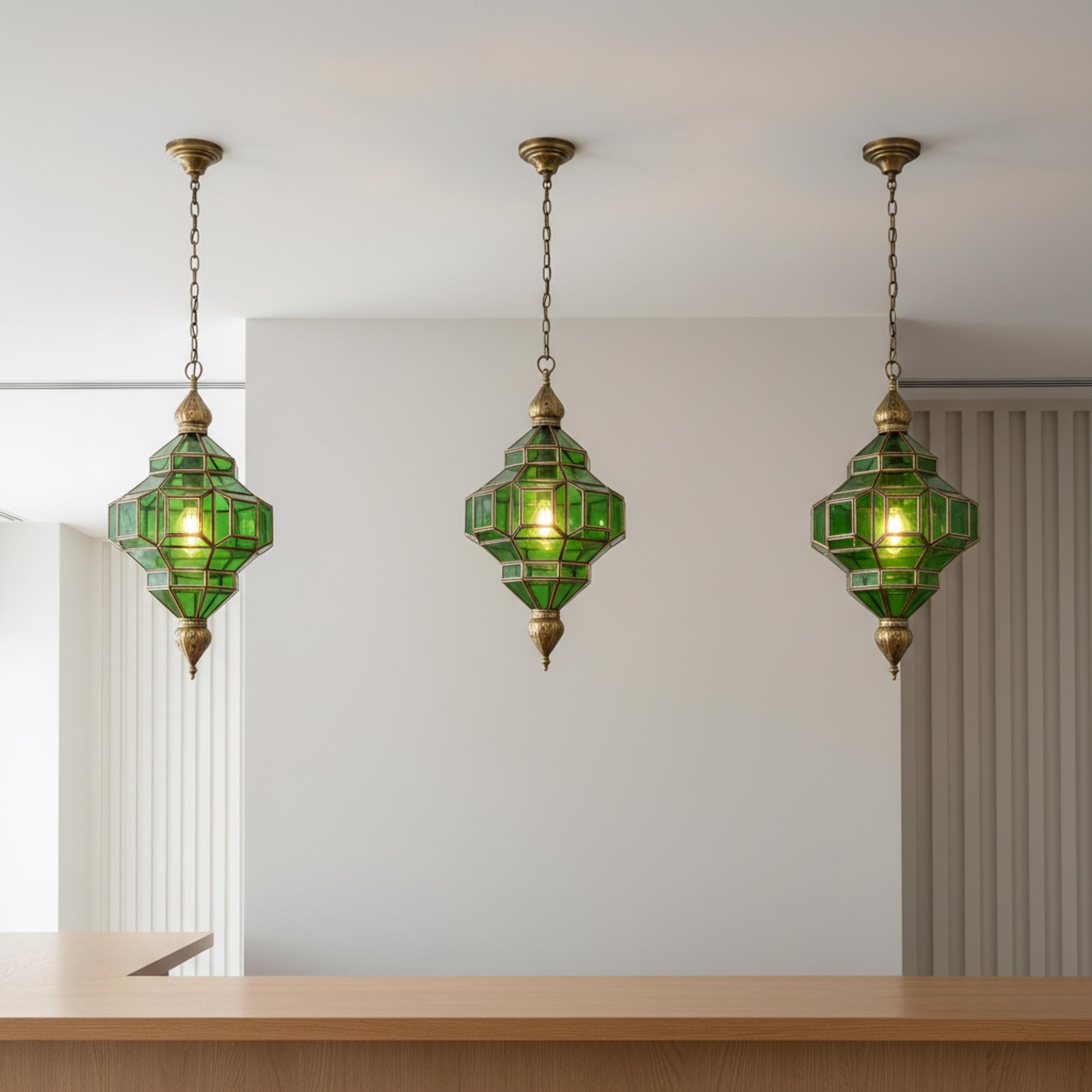 Moroccan pendant light green glass brass frame hanging ceiling lantern