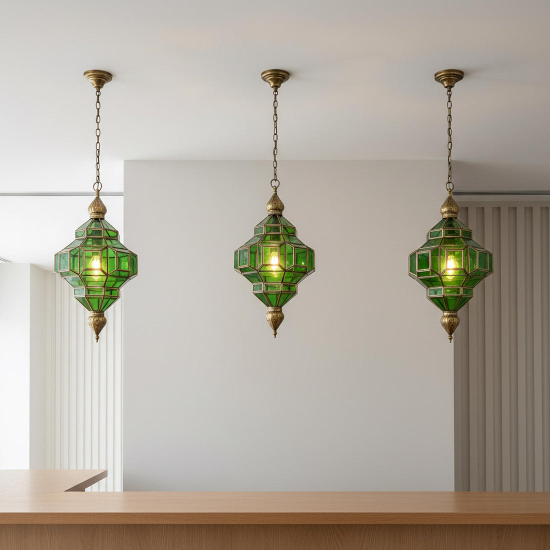 Moroccan pendant light green glass brass frame hanging ceiling lantern