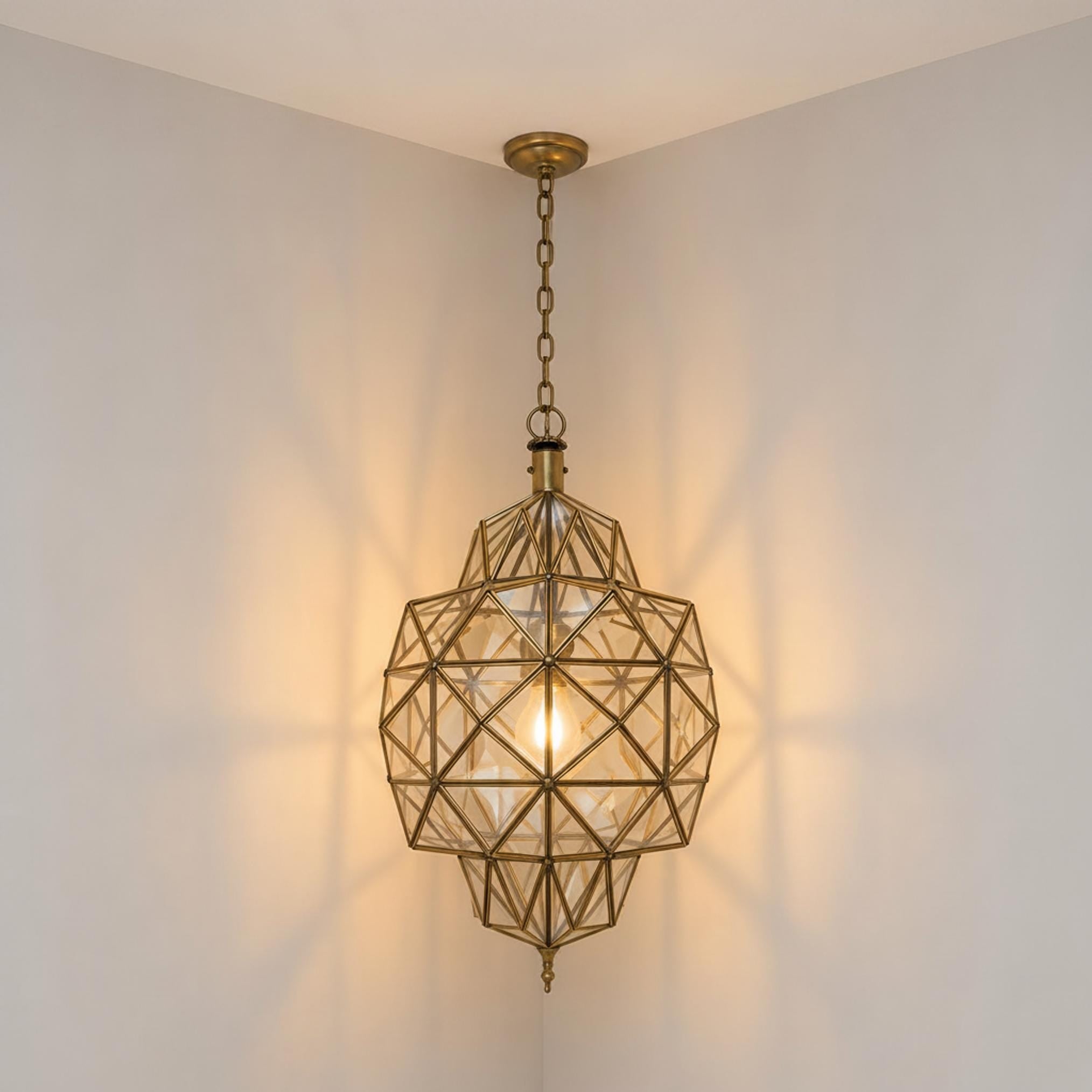 geometric pendant light faceted glass brass frame hanging ceiling lantern