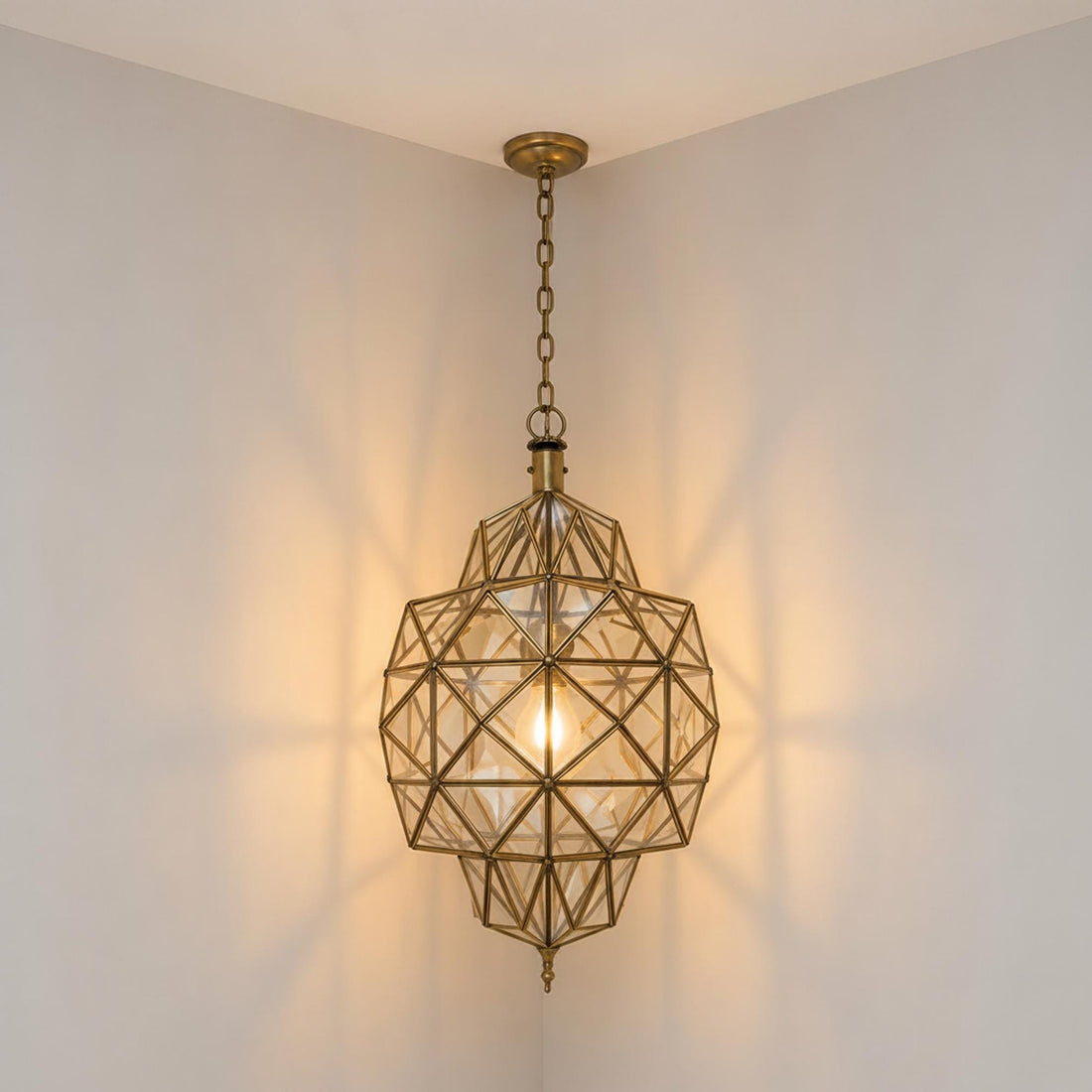 geometric pendant light faceted glass brass frame hanging ceiling lantern
