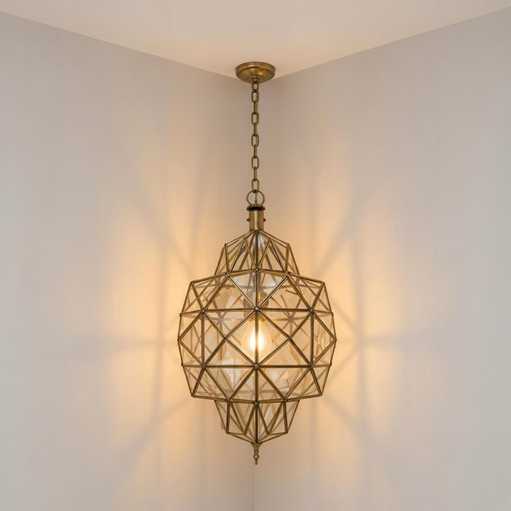 geometric pendant light faceted glass brass frame hanging ceiling lantern