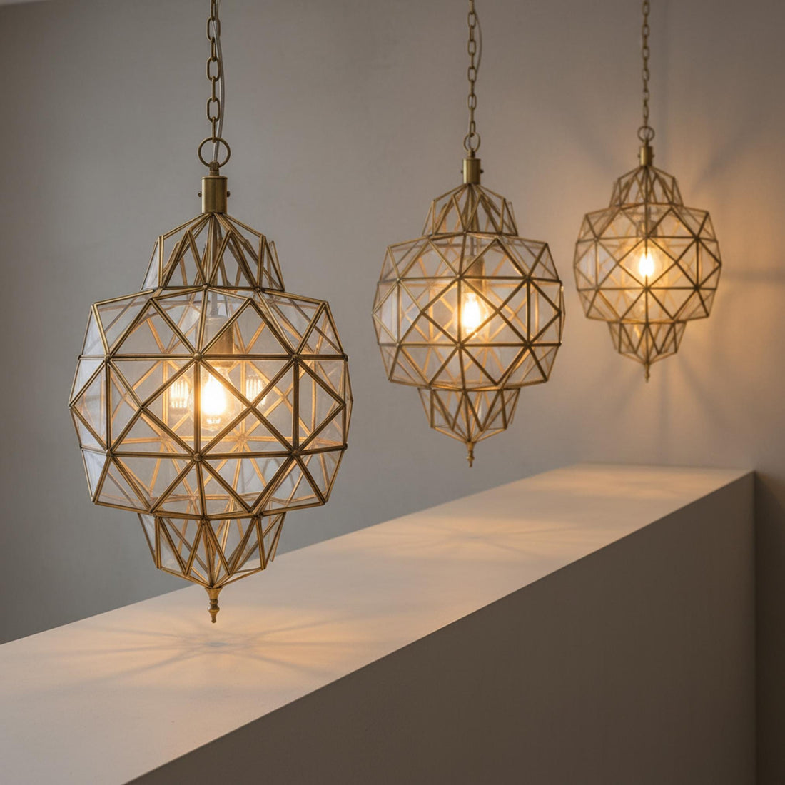 geometric pendant light faceted glass brass frame hanging ceiling lantern