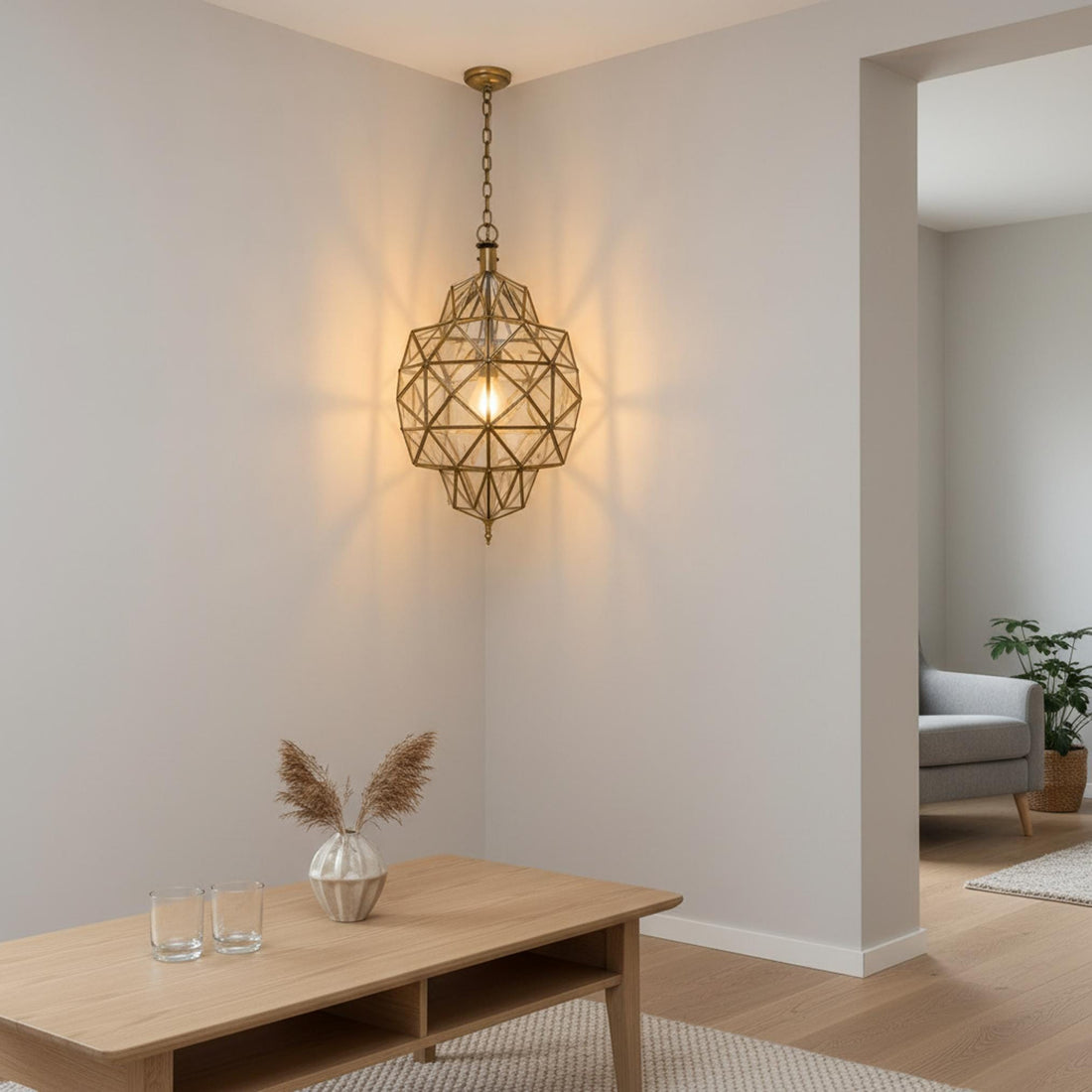 geometric pendant light faceted glass brass frame hanging ceiling lantern