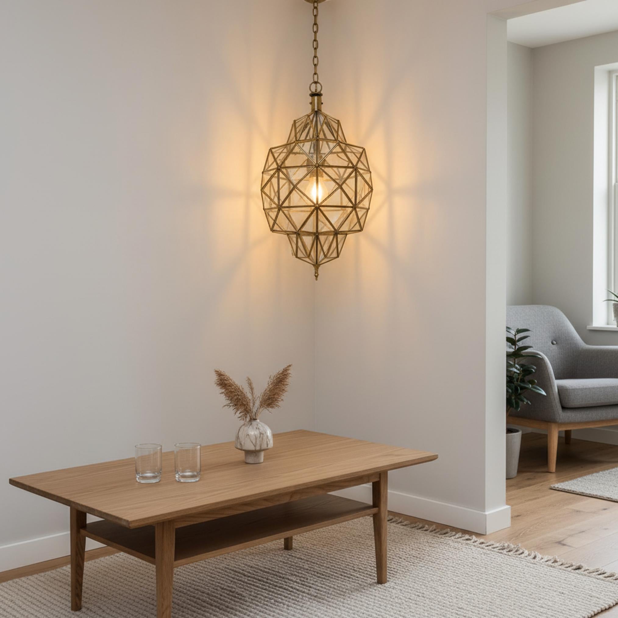 geometric pendant light faceted glass brass frame hanging ceiling lantern