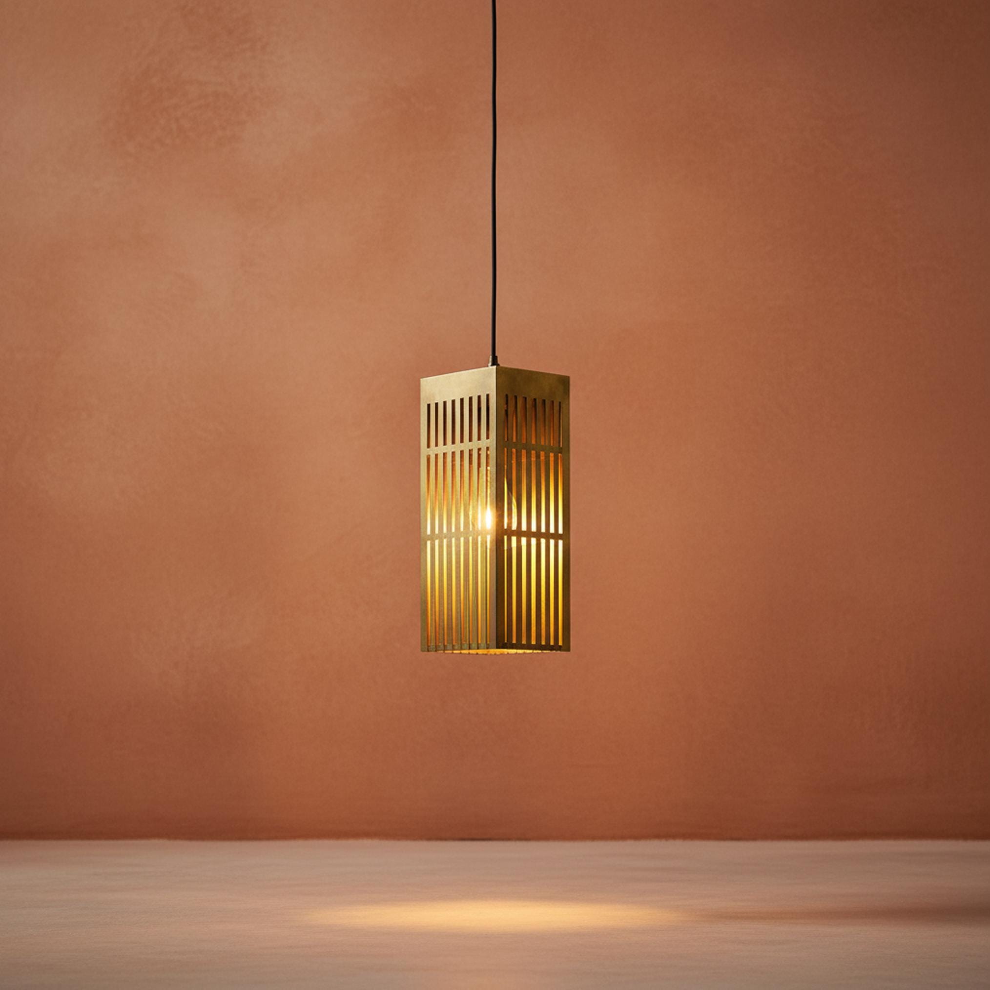 Brushed Brass Lantern Pendant Light, Modern Slatted Rectangular Hanging Lamp