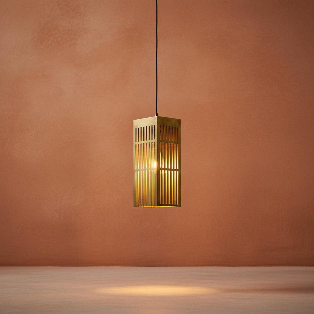 Brushed Brass Lantern Pendant Light, Modern Slatted Rectangular Hanging Lamp