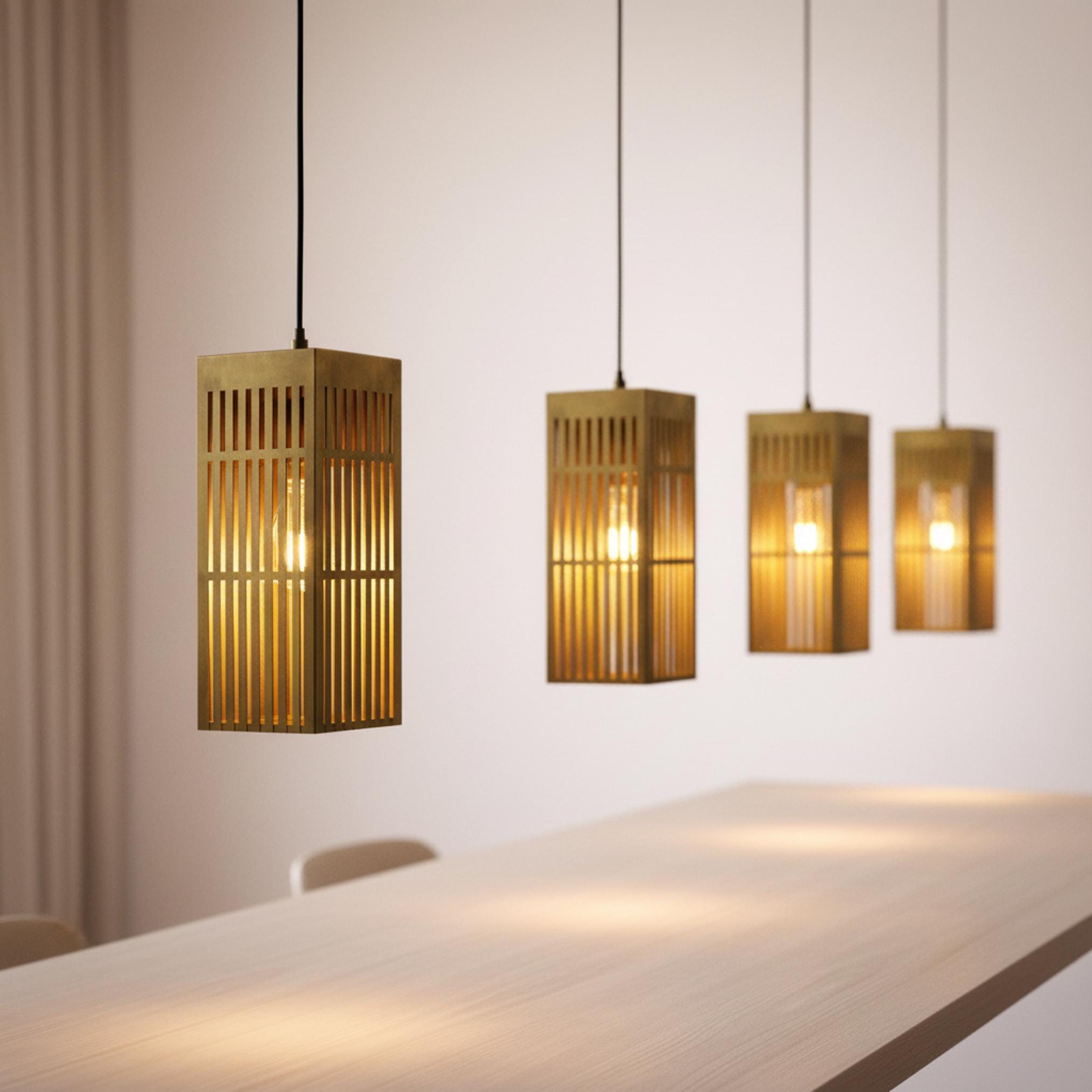 Brushed Brass Lantern Pendant Light, Modern Slatted Rectangular Hanging Lamp