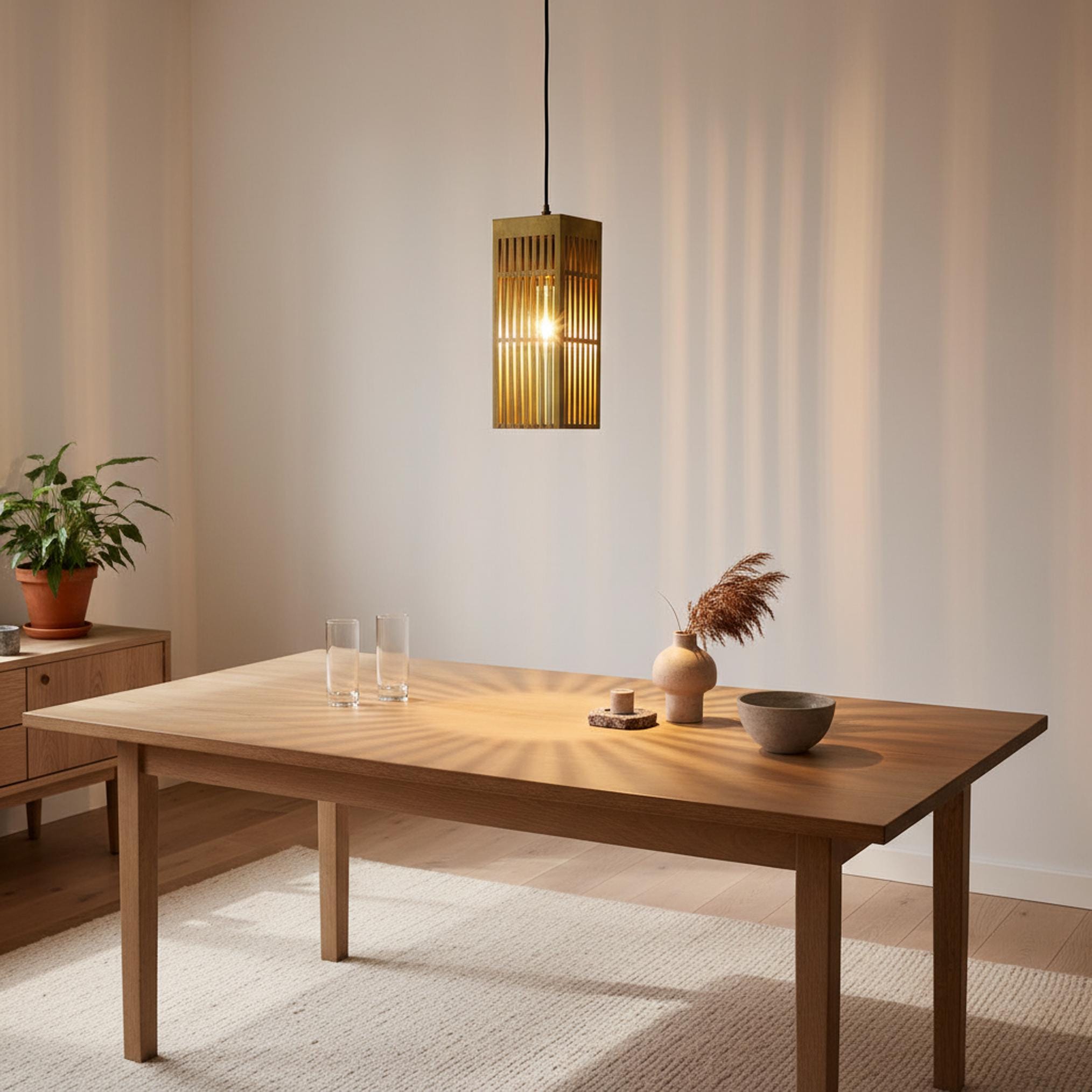 Brushed Brass Lantern Pendant Light, Modern Slatted Rectangular Hanging Lamp