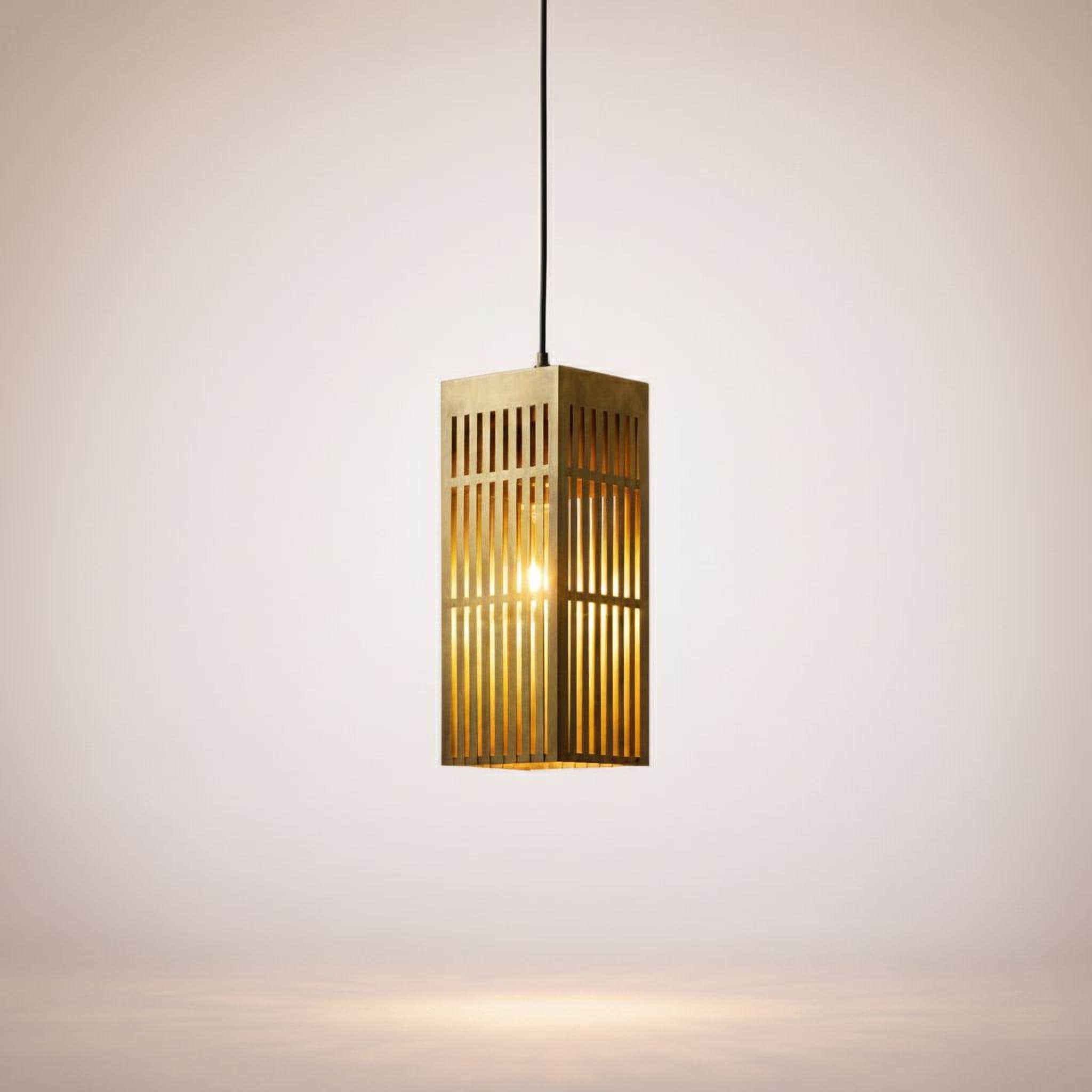 Brushed Brass Lantern Pendant Light, Modern Slatted Rectangular Hanging Lamp
