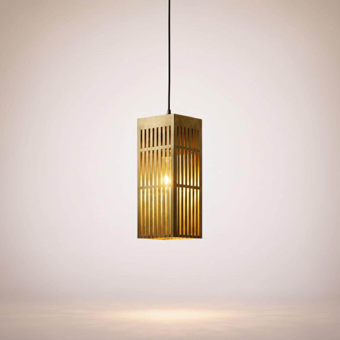 Brushed Brass Lantern Pendant Light, Modern Slatted Rectangular Hanging Lamp