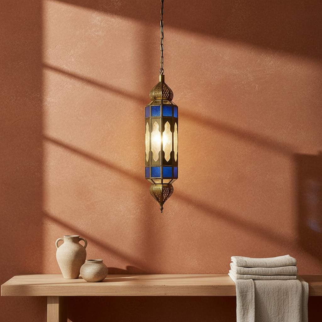 Moroccan Pendant Light Blue Glass Hanging Lantern Chain Fixture