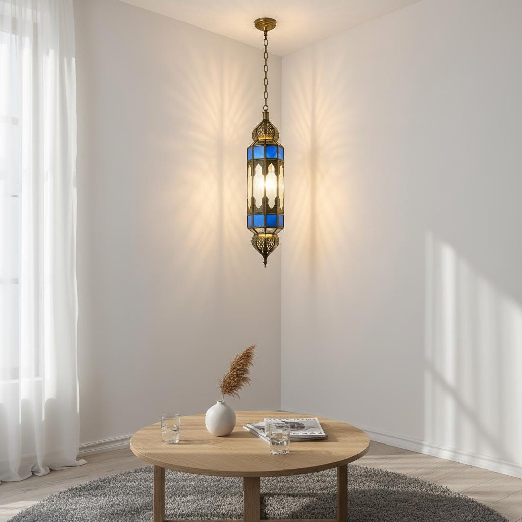 Moroccan Pendant Light Blue Glass Hanging Lantern Chain Fixture