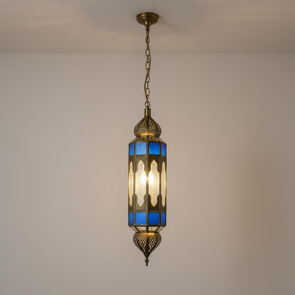 Moroccan Pendant Light Blue Glass Hanging Lantern Chain Fixture