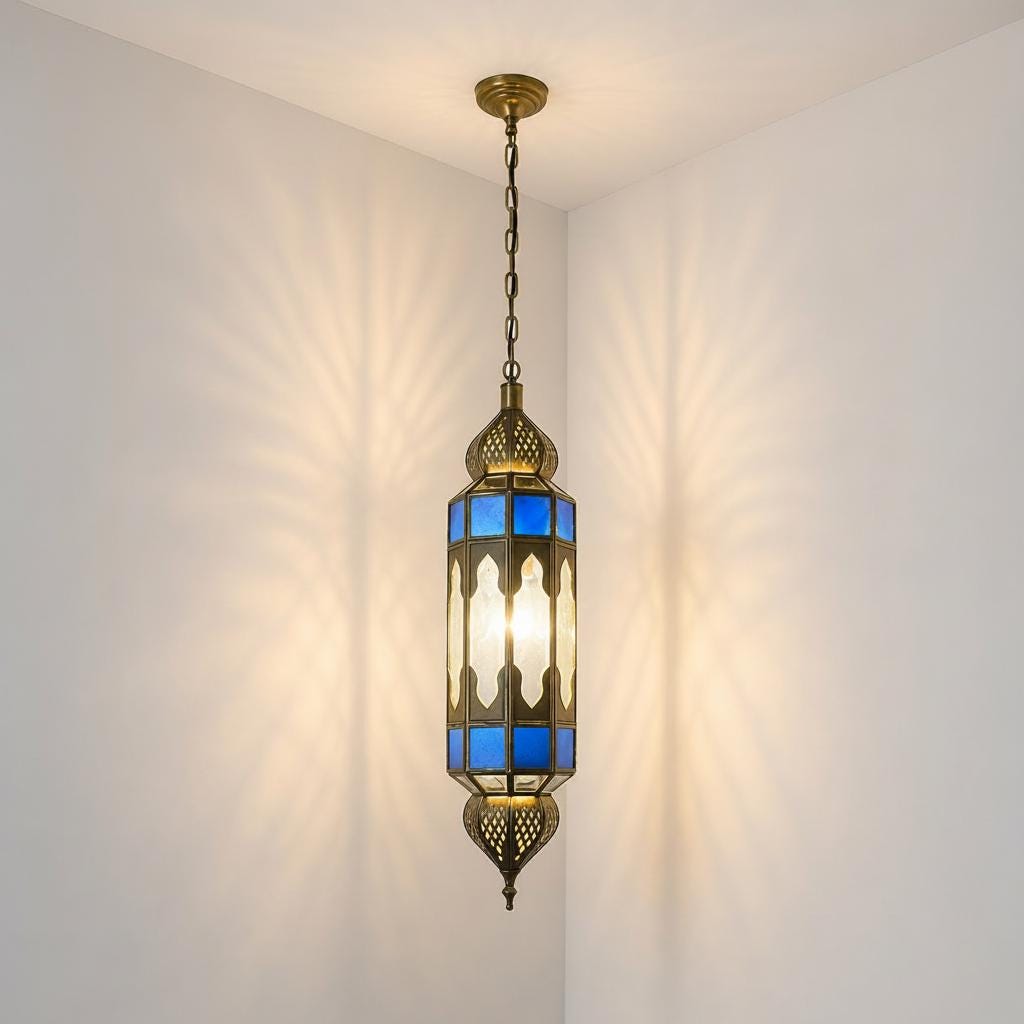 Moroccan Pendant Light Blue Glass Hanging Lantern Chain Fixture
