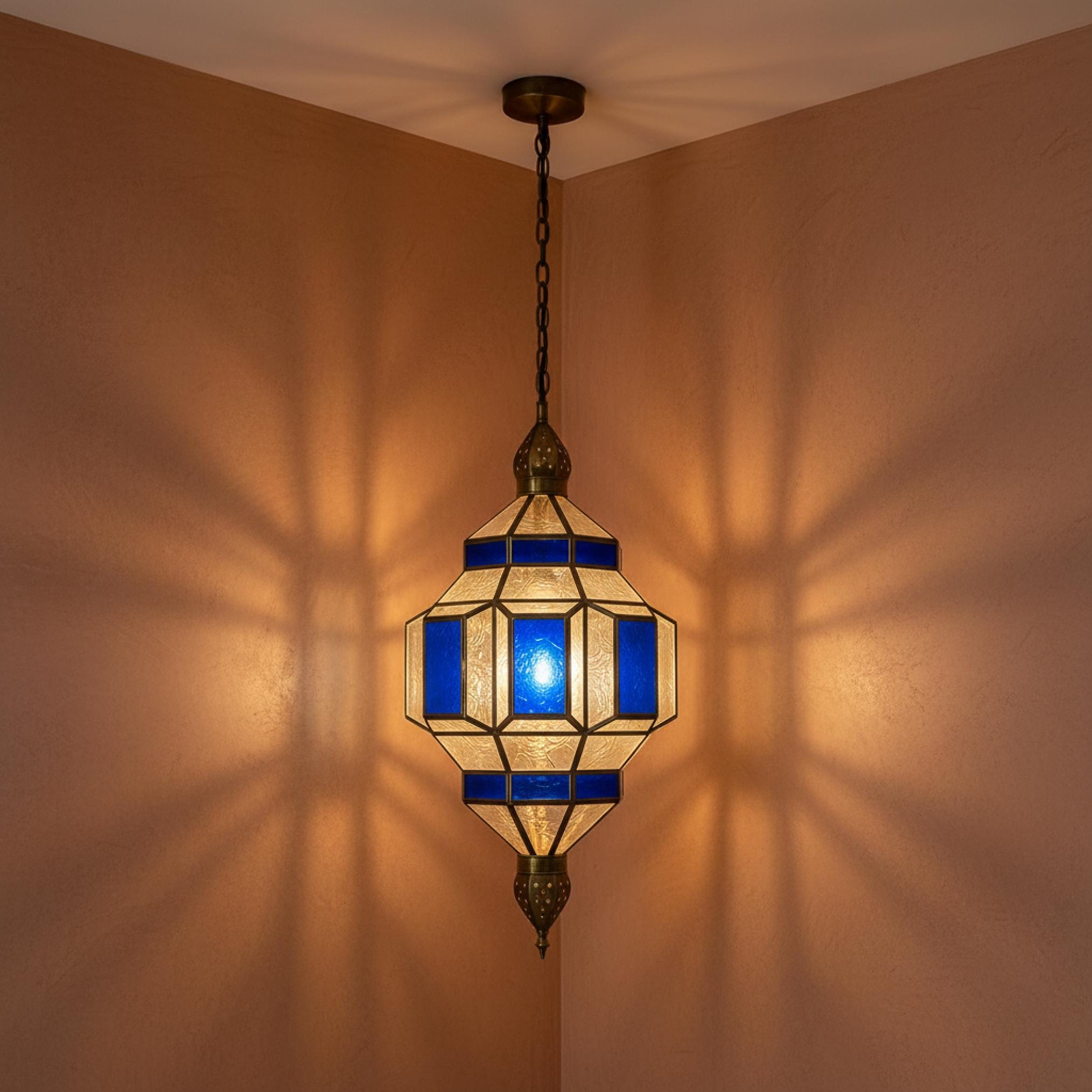 Moroccan Pendant Light Blue Glass Hanging Lantern Fixture