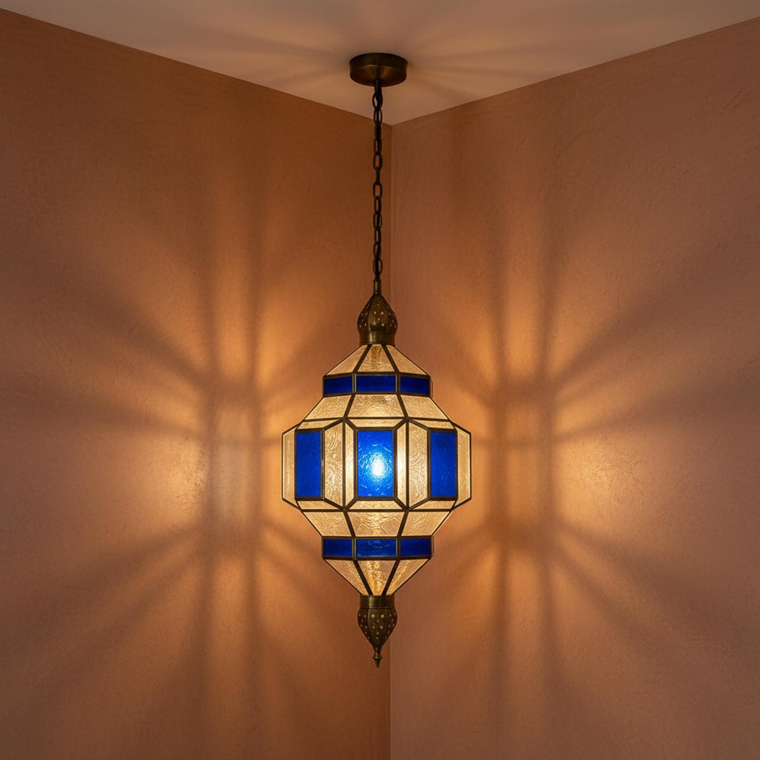 Moroccan Pendant Light Blue Glass Hanging Lantern Fixture