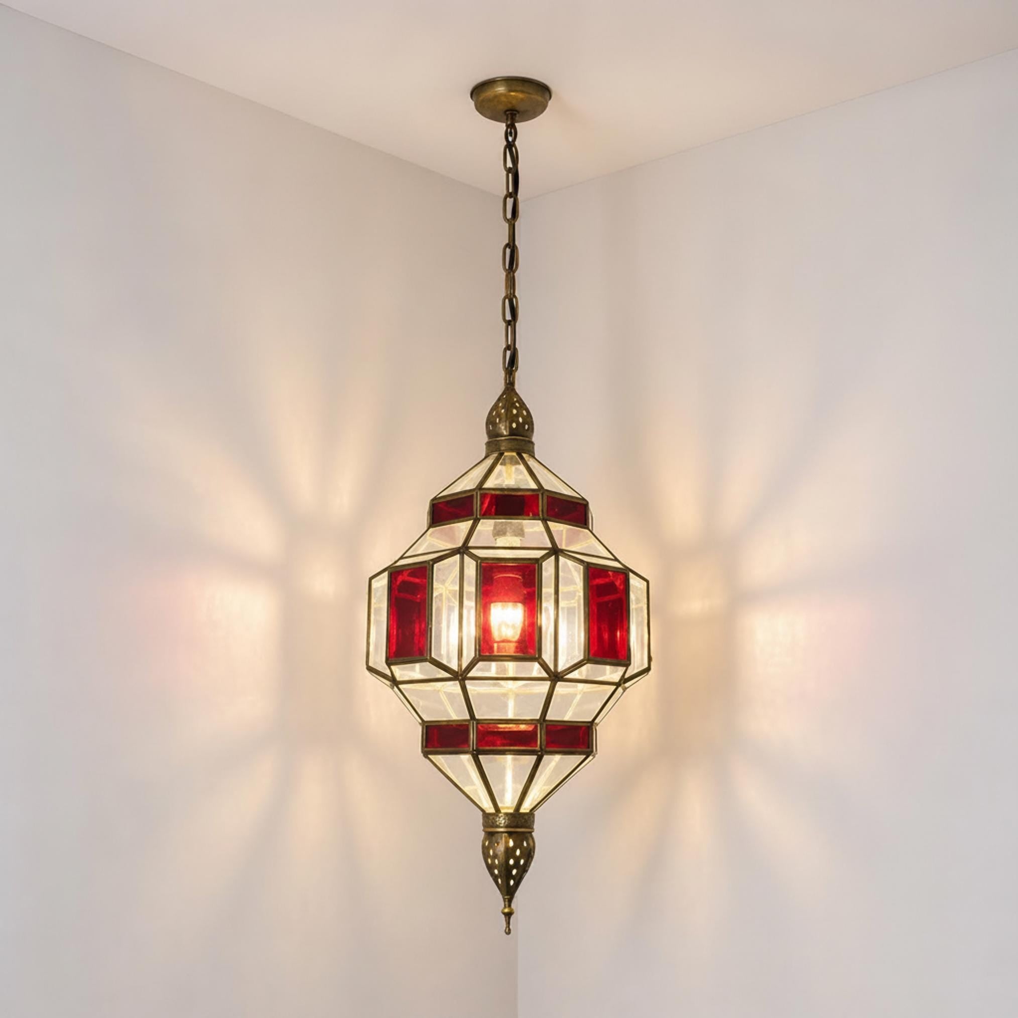 Moroccan Pendant Light Red Glass Hanging Lantern Chain Fixture